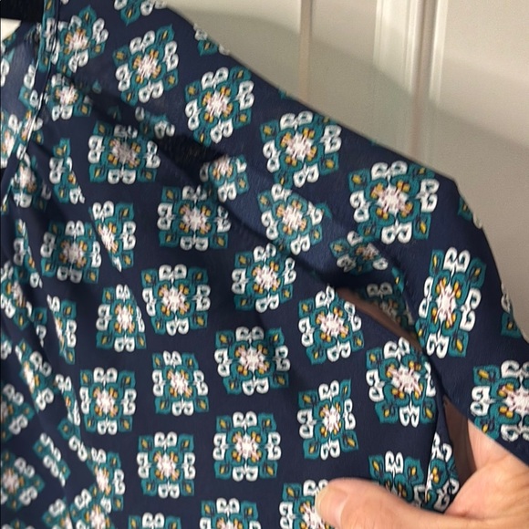 EUC Elegant Blue and Yellow Cold Shoulder Blouse with Vibrant Design - Picture 5 of 7